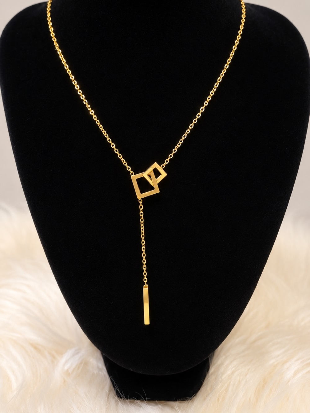 Modern Gold Lariat Necklace with Interlocking Square Charms